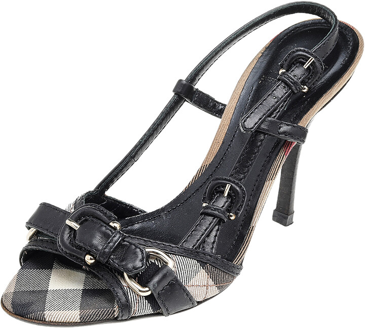 Burberry Black/Beige Novacheck Canvas And Leather Slingback Sandals Size 37