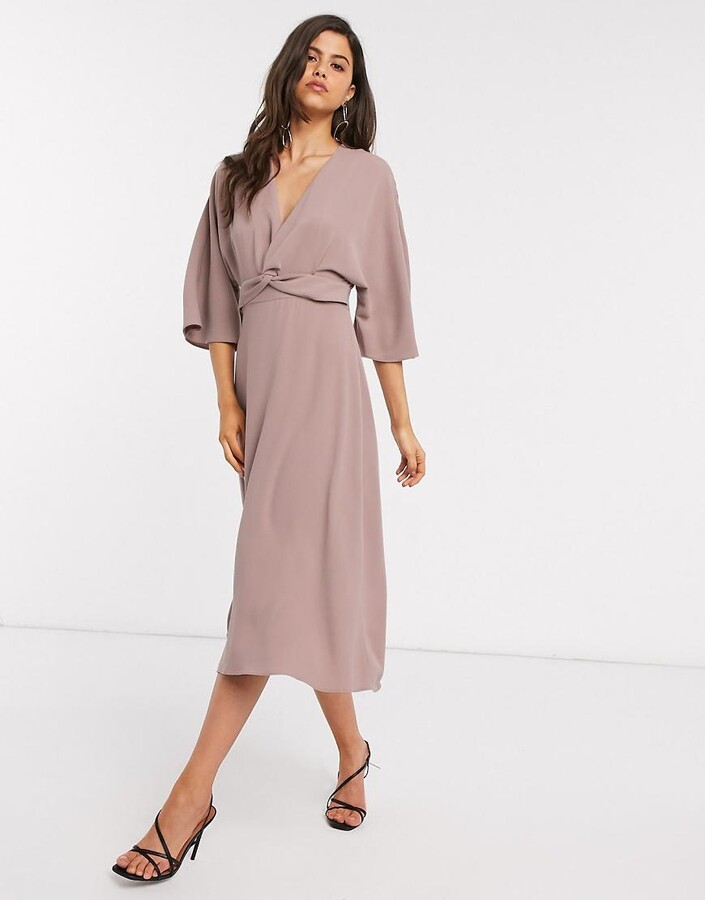 ASOS DESIGN batwing twist front midi skater dress in mink ShopStyle