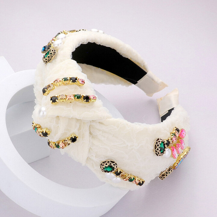 FASHNZFAB Pearl Multi Stone Embellished Knot Burnout Lace Headband