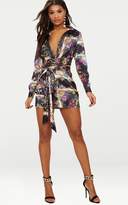 Thumbnail for your product : PrettyLittleThing Pink Satin Scarf Print Tie Waist Shirt Dress