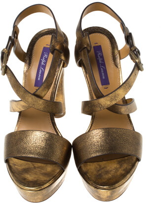 Ralph Lauren Metallic Gold Leather Estrid Platform Ankle Strap Sandals Size 37.5