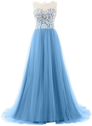Blevla A-line Straps Lace Bodice Prom Dress Long Tulle Formal Gowns