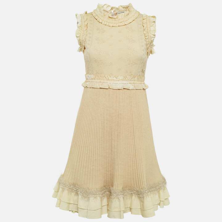 Chanel Beige Rib Knit Fringed Trim Mini Dress S
