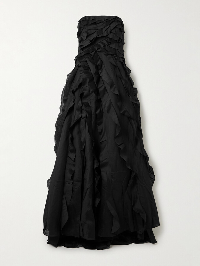 Aje Allairie Strapless Ruffled Shirred Faille Gown - Black