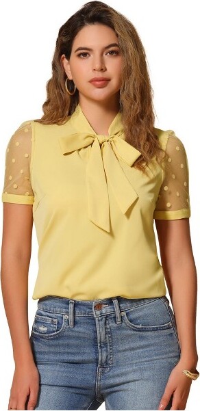 INSPIRE CHIC INSPIRECHICWomen'sBowTieVNeckStandCollarShortMeshSleeveBlouseSmallYellow
