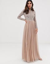 Thumbnail for your product : Maya Bridesmaid long sleeve maxi tulle dress with tonal delicate sequins in taupe blush