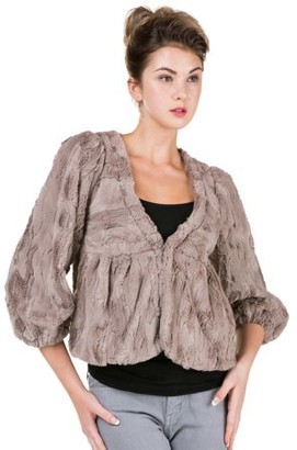 Melody Women Faux Fur Quarter Sleeve One Button V Neck Jacket (MOCHA, MEDIUM)