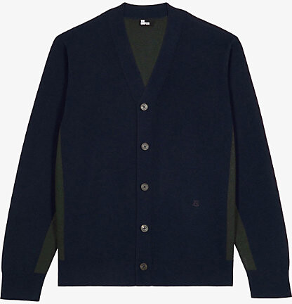 The Kooples Mens Navy-Green Colour-Block V-Neck Wool-Blend Cardigan Xxl