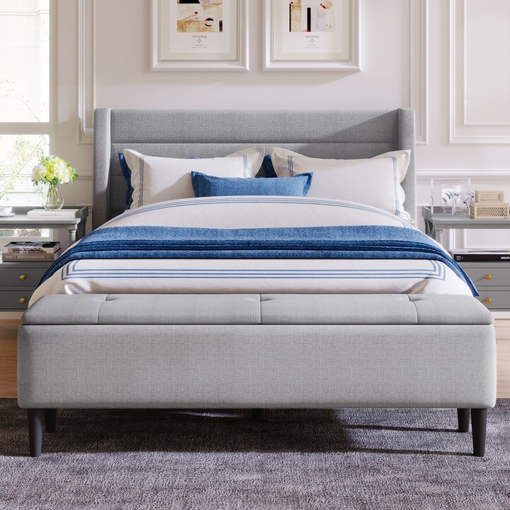 3 Pieces Gray Queen Upholstered Storage Bed Frame with Storage Ottoman