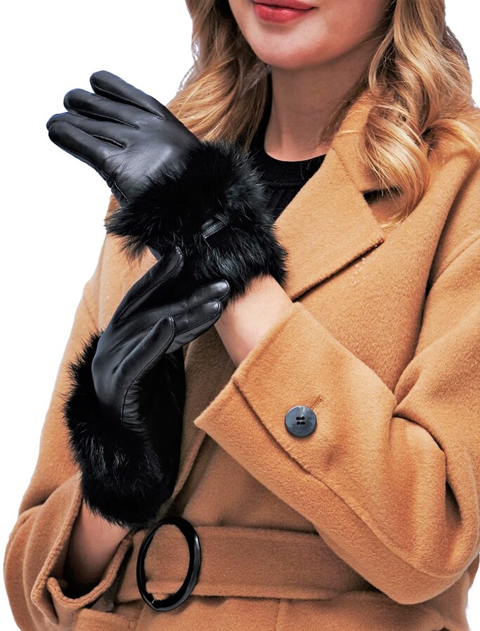 Womens Genuine Nappa Leather Rabbit Fur Cashmere Gloves Many Color On Sale #E003