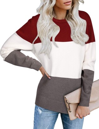 STYLEWORD Women's Jumpers Ladies Winter Sweater Long Sleeve Warm Knitwear Casual Block Knitted Pullover Tops(Red & White& Grey