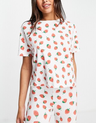 Monki Teddy cotton strawberry print pyjama set in white - WHITE