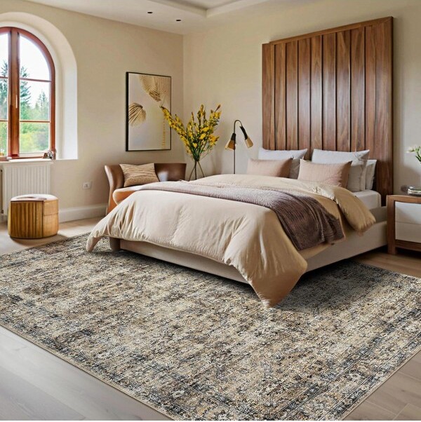 Fulvari VintageWashableAreaRugwithNon-SheddingFoldableFloralPrintRugwithNon-Slip&StainResistantforLivingRoomBedroom8'x10'Brown