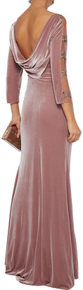 Badgley Mischka Open-back Embellished Tulle-paneled Velvet Gown