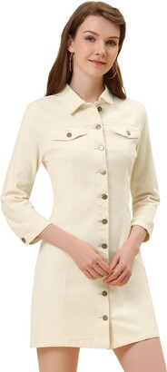 Allegra K Women's 3/4 Sleeve Button Down Denim Shirt Dress
