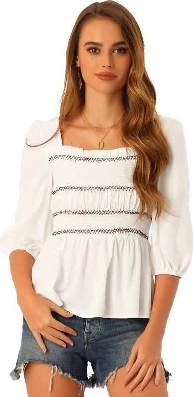 Allegra K Women's Boho 3/4 Sleeve Ruffle Square Neck Smocked