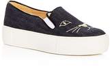 Thumbnail for your product : Charlotte Olympia Women's Kitty Embroidered Denim Platform Slip-On Sneakers