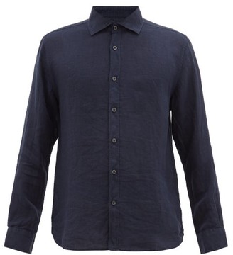 120% Lino Spread-collar Slubbed-linen Poplin Shirt - Navy