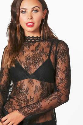 boohoo Petite High Neck Lace Top