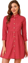 Thumbnail for your product : Allegra K Women's Casual Shirt Dress 3/4 Sleeve Button Up Mini Dresses - Pink - Large