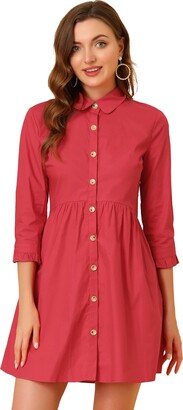 Allegra K Women's Casual Shirt Dress 3/4 Sleeve Button Up Mini Dresses - Pink - Large