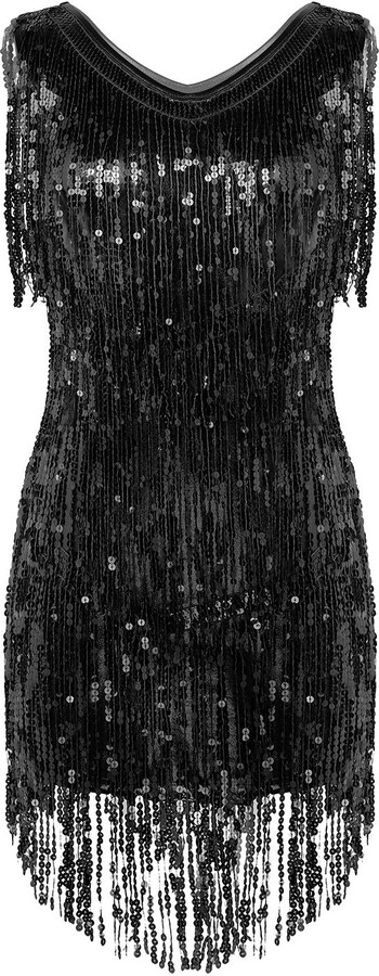 iiniim Women V Neck Sleeveless Sparkly Shiny Sequins Fringe Tassels Ballroom Dance Flapper Dress