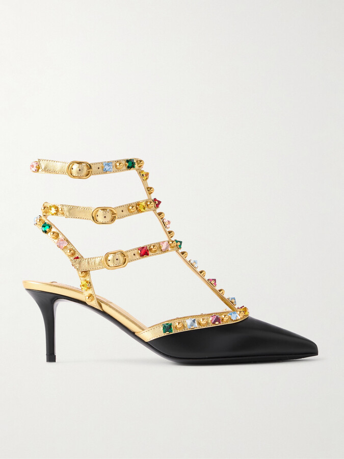 Valentino Garavani Rockstud 65 Embellished Metallic Leather Pumps - Black