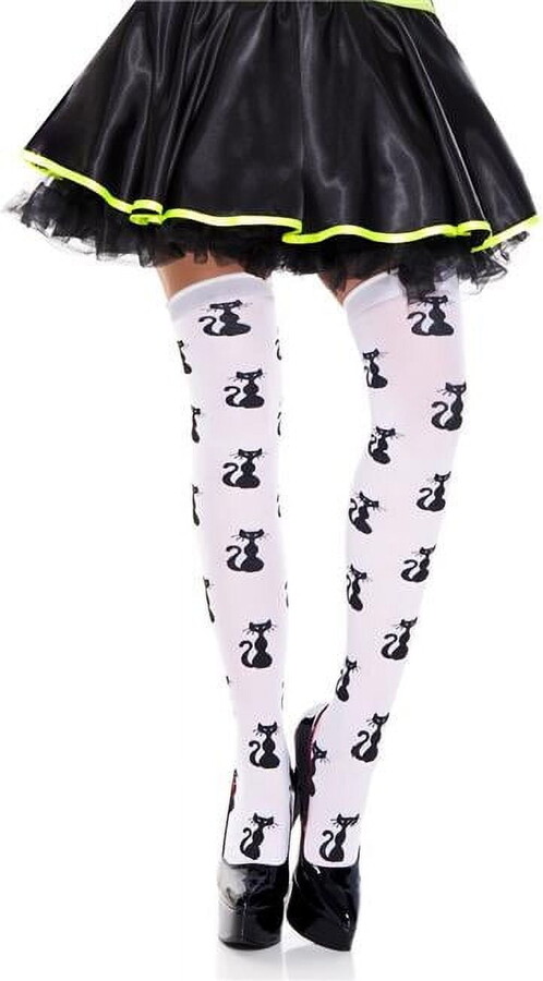 Music Legs Women’s Cat Pattern Spandex Thigh Highi 4653-White/Black