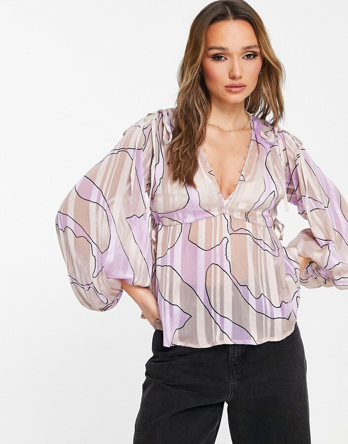 Monki button front shirt in pastel swirl print plisse