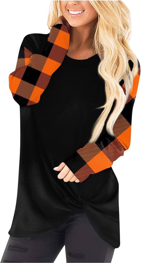 Same Day delivery Items Prime Women Merry Christmas Shirt Long Sleeve  Patchwork Shirts Tunic Tops Round Neck Blouse Fall Winter Tees T-Shirt  Oversized