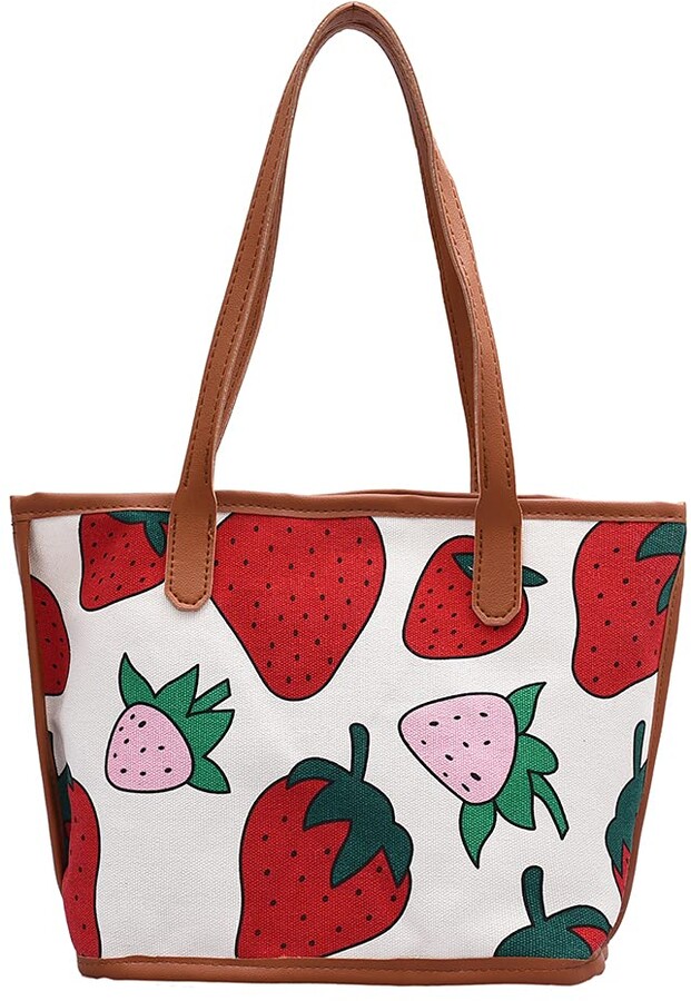 Hjku Strawberry Print Women Handbag Canvas Large Shoulder Shopping Bags ...