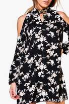Thumbnail for your product : boohoo Petite Matilda Cold Shoulder Woven Shift Dress