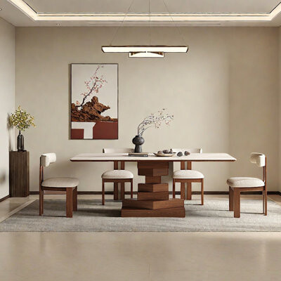 dujinlong home Vintage Style Marble Dining Table with Oak Legs