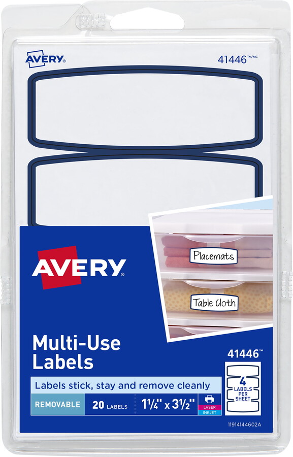 Avery Multi-Use Labels, 1-1/4" x 3-1/2", Paper, Removable, Blue Border, Laser/Inkjet, 20 Labels