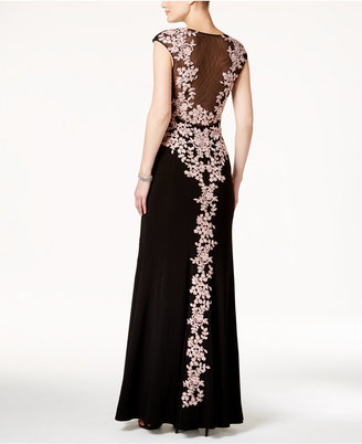 Betsy & Adam Embroidered Illusion A-Line Gown