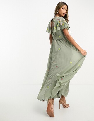 ASOS DESIGN v-neck angel sleeve pleat midi dress with all over embroidery in khaki