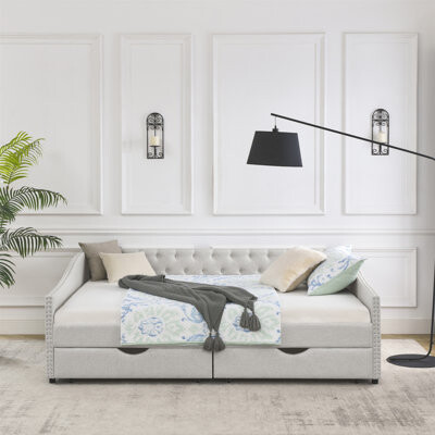 Queen Size Tufted Sofa Bed With Drawers, Elegant Button Back And Copper Nail Waved Arms For Comfort And Storage