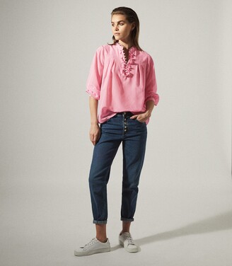 Reiss Ashlyn - Ruffle Detail Silk Blend Shirt in Pink