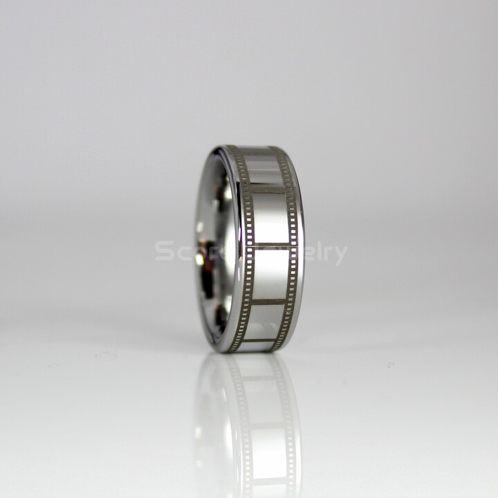Etsy Filmstrip Ring 8mm Silver Tungsten Band With Flat Edge Film Strip Pattern Design Wedding Ring
