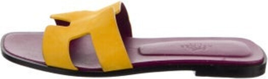 Hermes Oran Slides From the 2022 Collection Yellow Suede H Logo Leather Trim