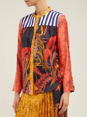La Prestic Ouiston Peace Floral Print Band Collar Silk Twill Shirt - Womens - Red Multi