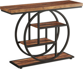 4-Tier Sofa Table With Circle Base, Narrow Wood Accent Tables With Storage Shelves , Brown