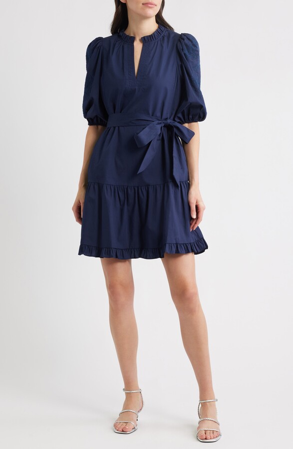 Embroidered Ruffle Tie Waist Dress