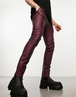 ASOS DESIGN leather look skinny pants in burgundy - ShopStyle