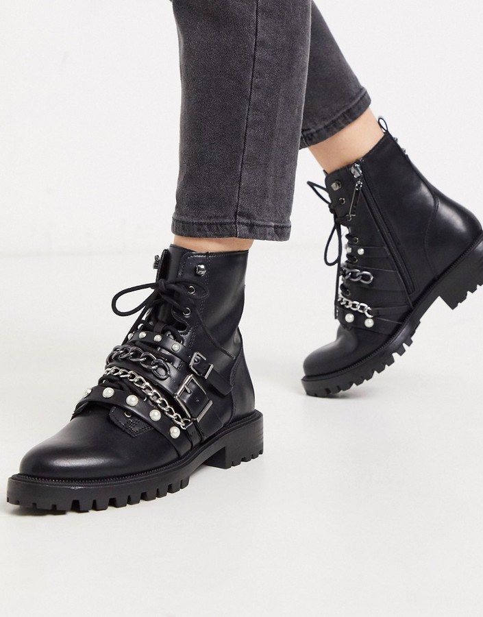 Stradivarius buckle and pearl strap boots in black - ShopStyle