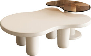 George Oliver 2 In 1 Cream White Nesting Coffee Tables - Modern Irregular Glass Top End Table For Living Area Design Quick Assembly Promised Simple Installation
