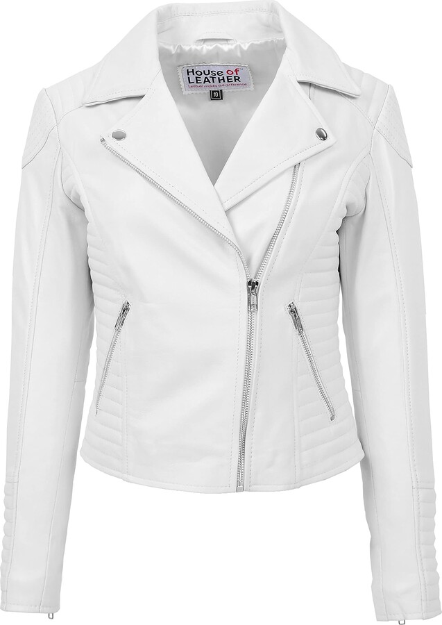 House Of Leather Womens Real Leather Biker Jacket Cross Zip Slim Fit