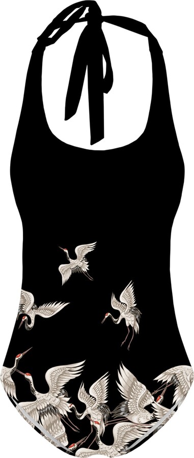 Aloha from Deer Black Cranes Open Back Swimsuit