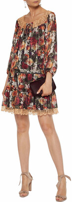 Anna Sui Lace-trimmed Floral-print Chiffon Mini Dress