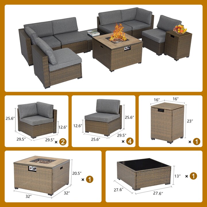 Kinbor Patio Furniture Sectional Sofa Set w/ Propane Fire Pit, Wicker Sofa Sets & Rectangle Fire